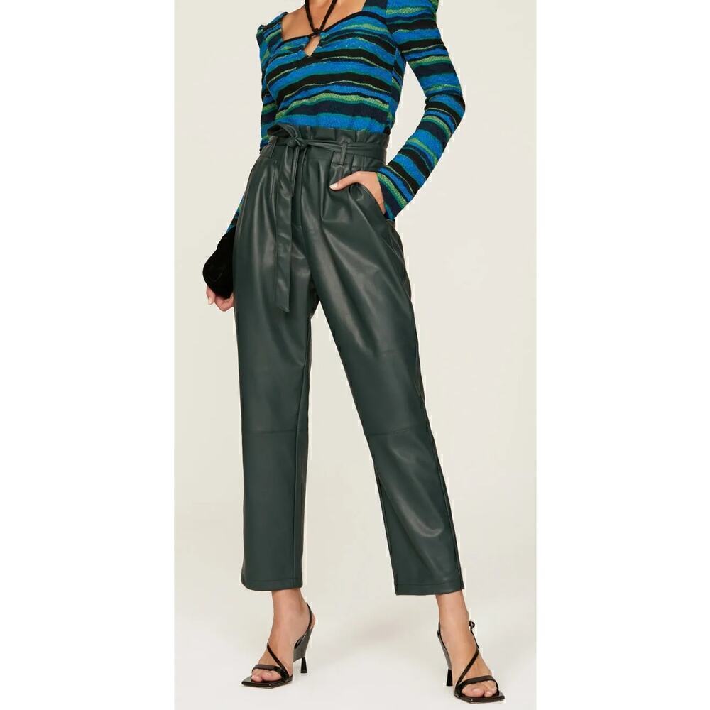 Love, Whit by Whitney Port Faux Leather Pants Belted Paperbag Trousers Green 6